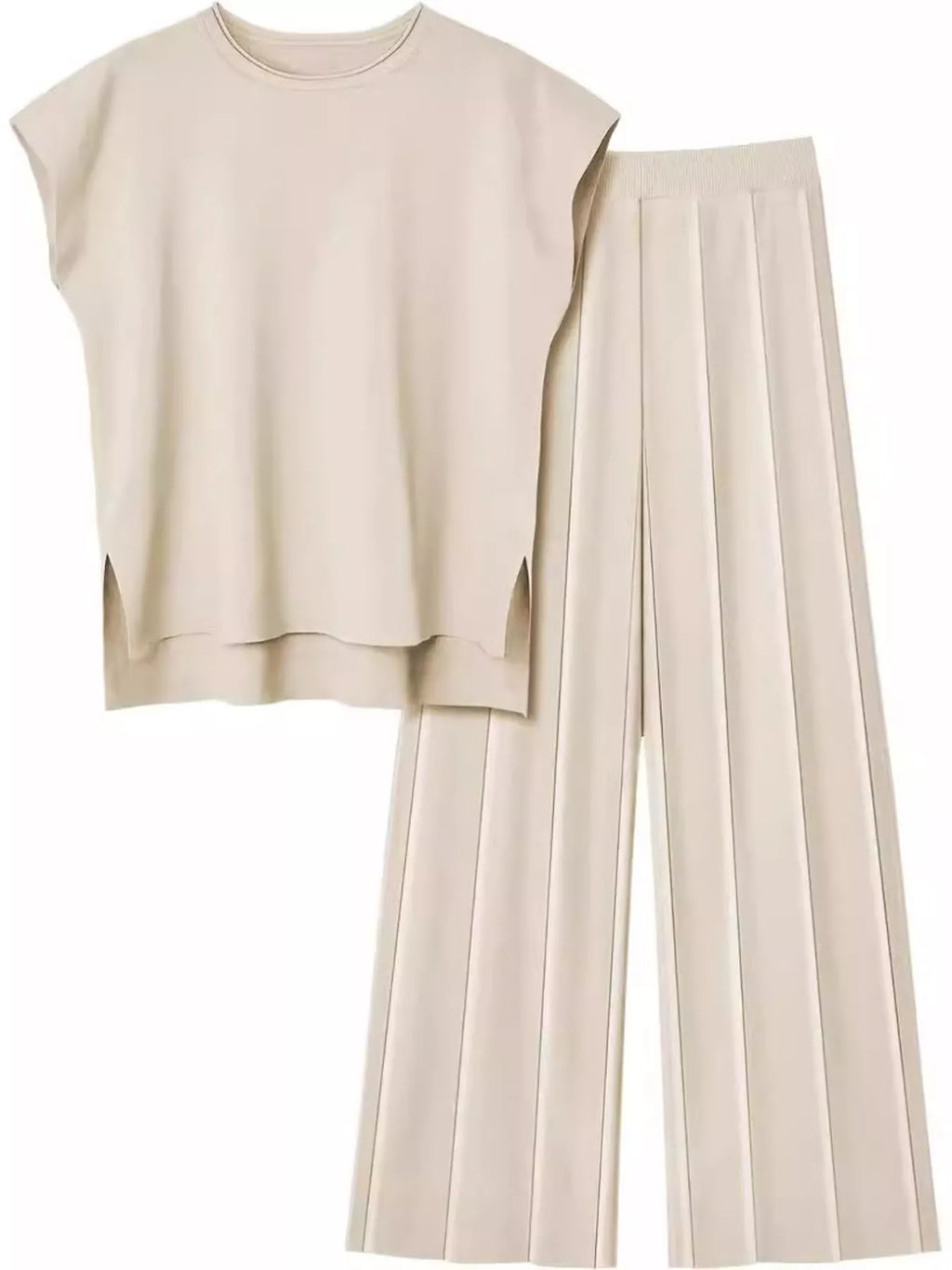 Casual Solid Color Cap Sleeve Top Pants Knit Set (4)