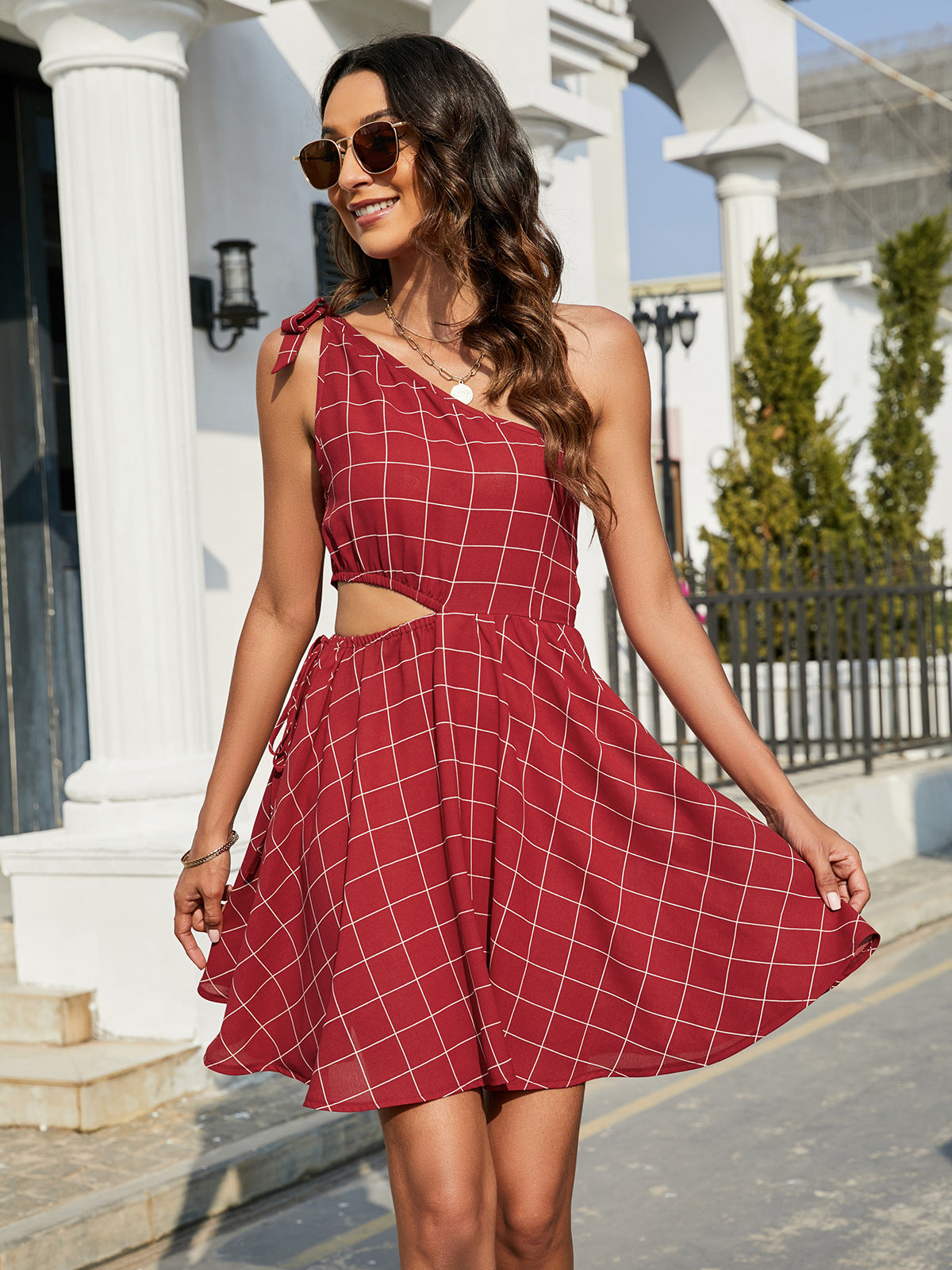 Grid One-shoulder Tied Cutout Dress (9)