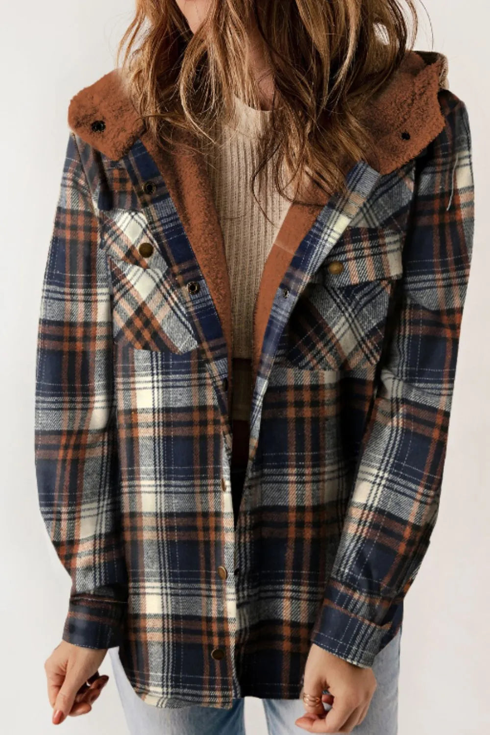Plaid Button Up Long Sleeve Hooded Jacket (7)