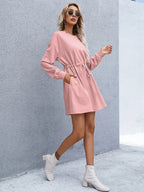 Drawstring Round Neck Dropped Shoulder Mini Dress (19)