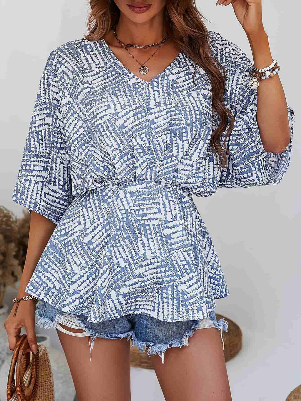 Printed V-neck Dolman Sleeve Blouse (11)