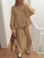 Tie Neck Balloon Sleeve Top Pants Set (6)