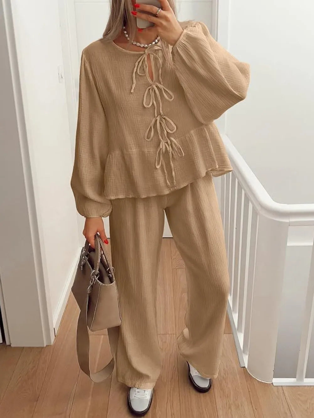 Tie Neck Balloon Sleeve Top Pants Set (6)