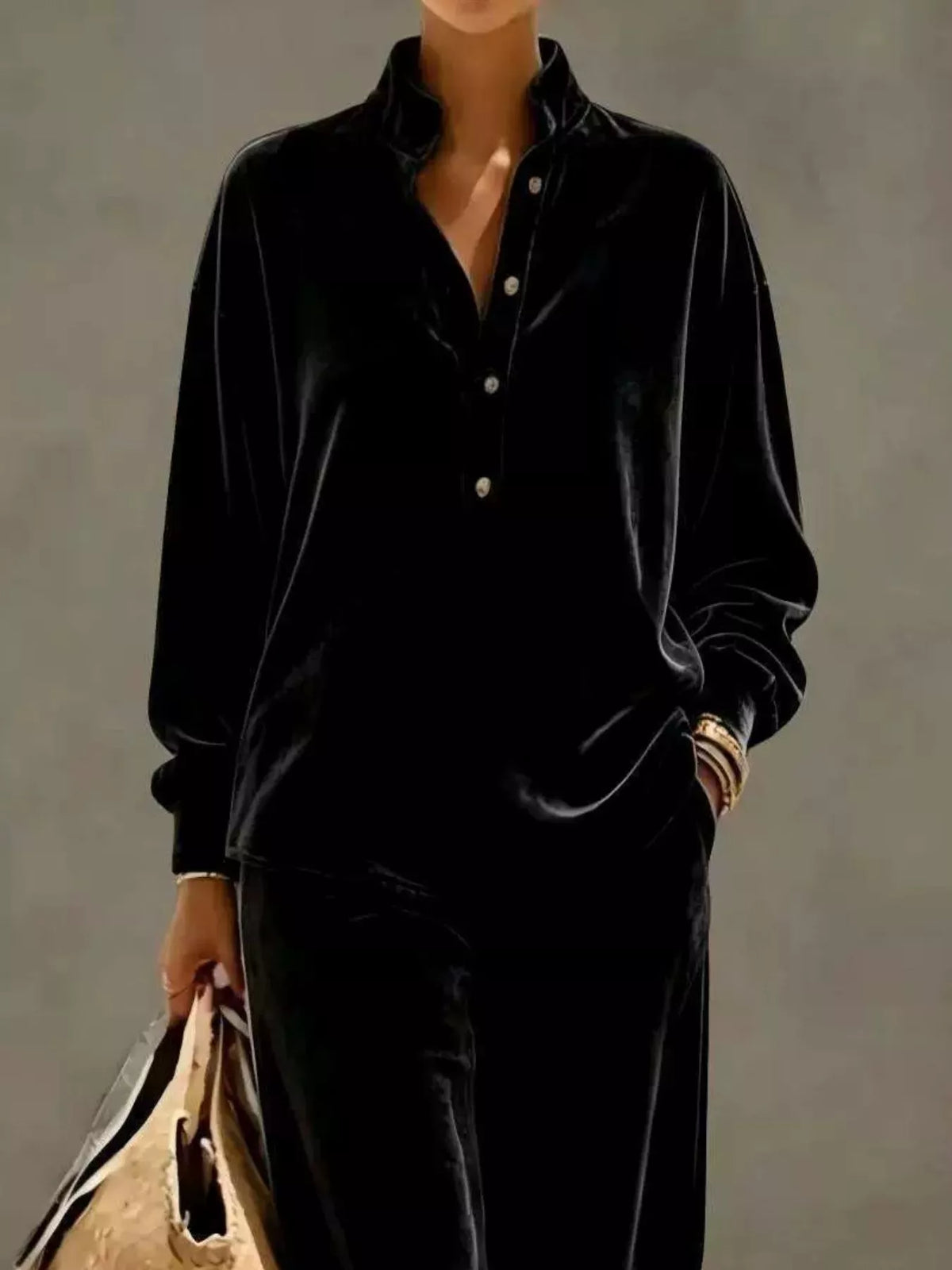 Full Size Half Button Top Wide Leg Pants Set Plus (10)