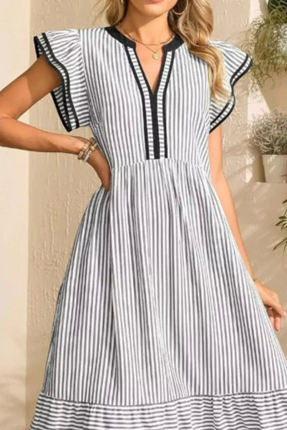 Striped Ruffle Sleeve Midi Dress (8)
