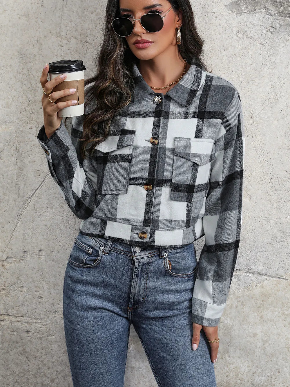 Plaid Button Up Drop Shoulder Cropped Jacket (16)