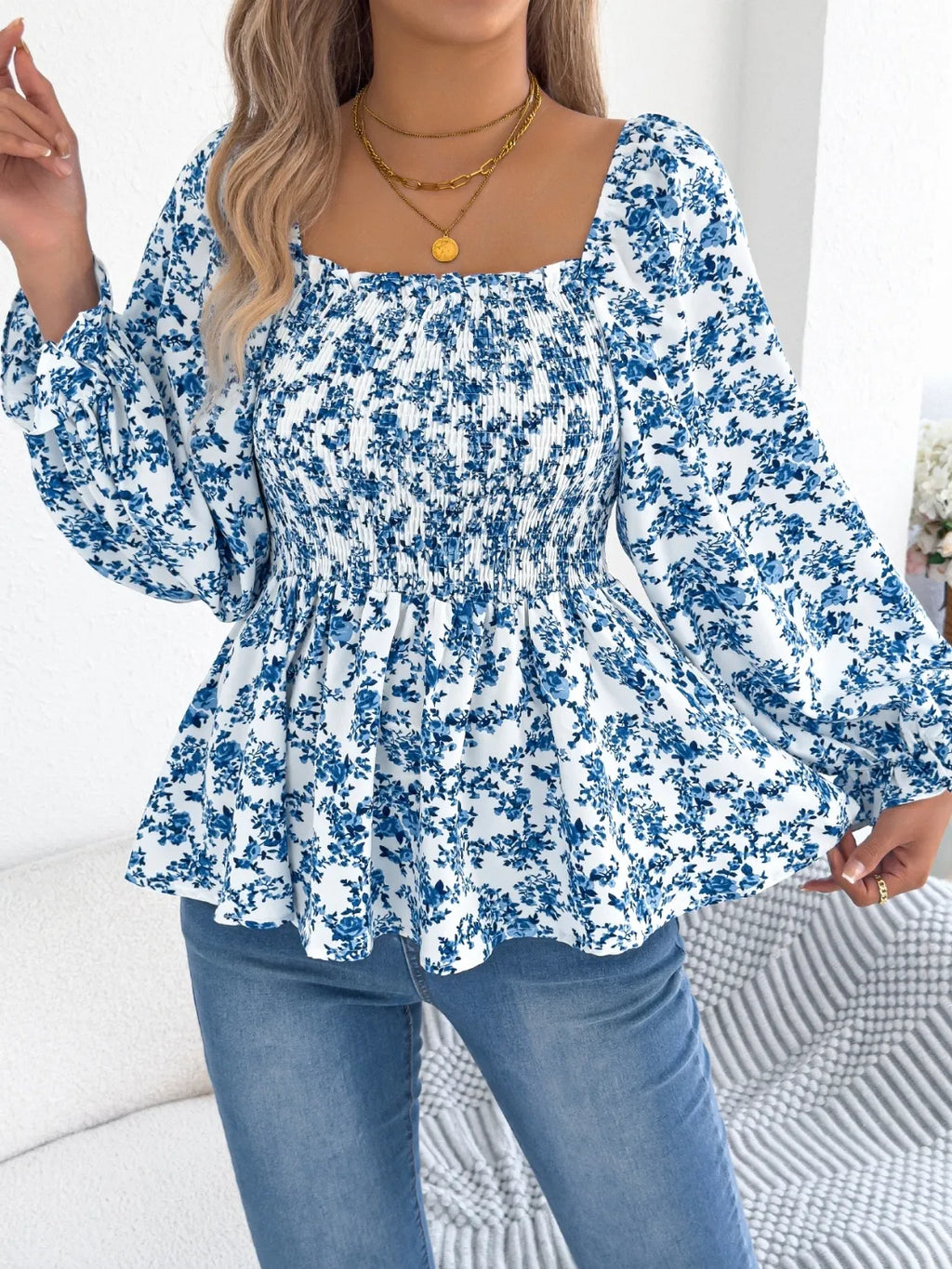Floral Square Neck Flounce Sleeve Blouse (4)