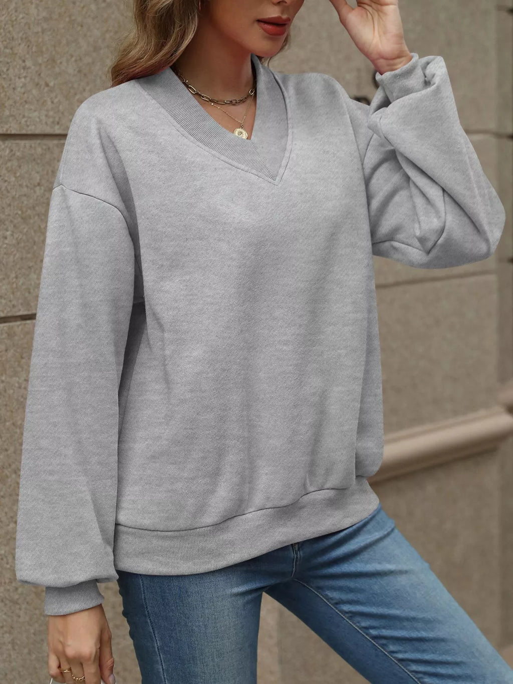 V-neck Solid Color Casual Sweatshirt (10)