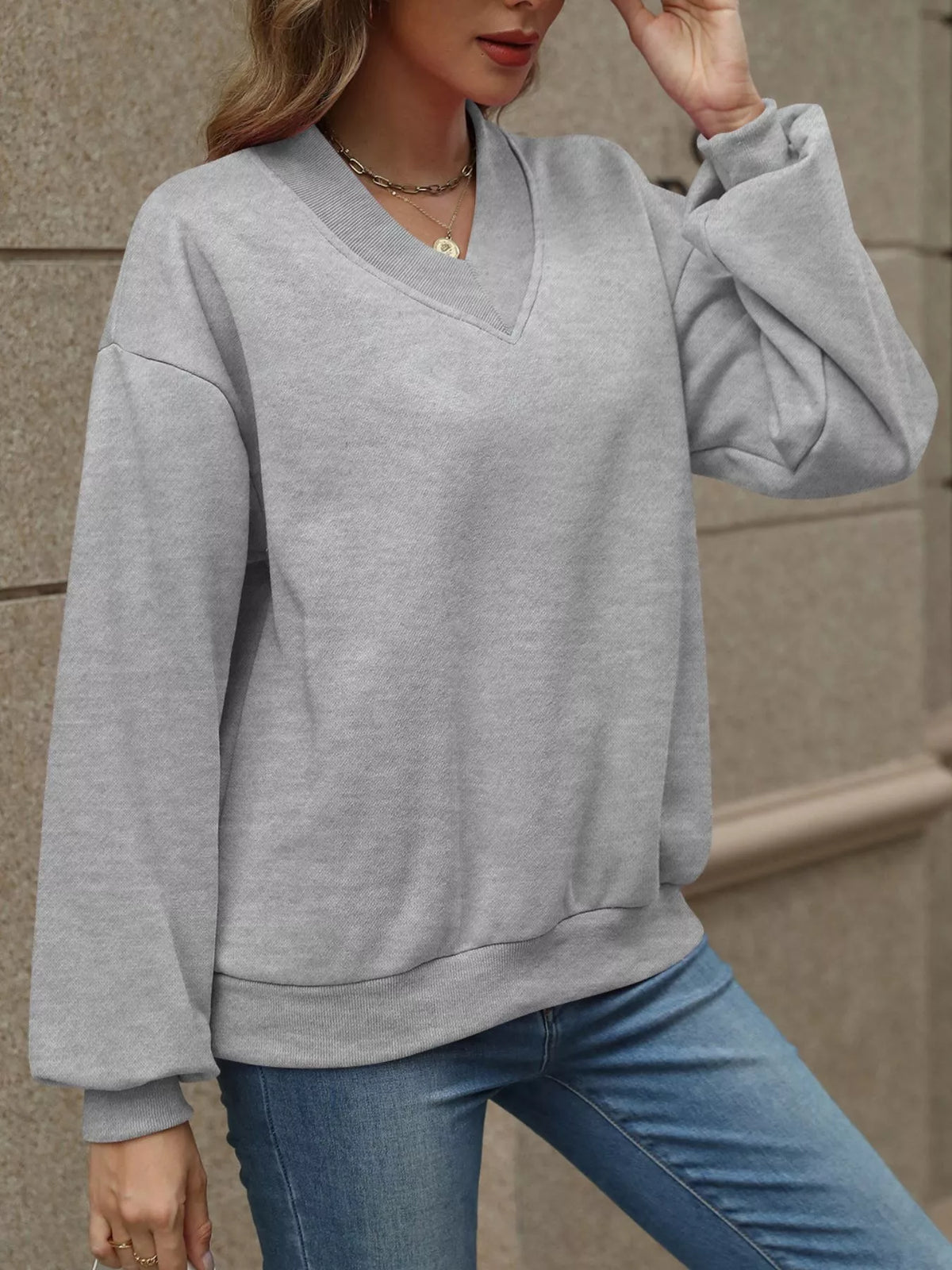 V-neck Solid Color Casual Sweatshirt (10)