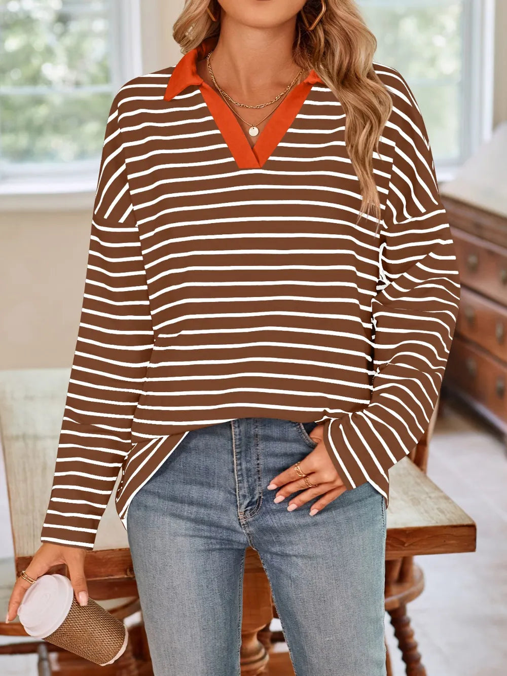 Striped Johnny Collar Long Sleeve T-shirt (25)