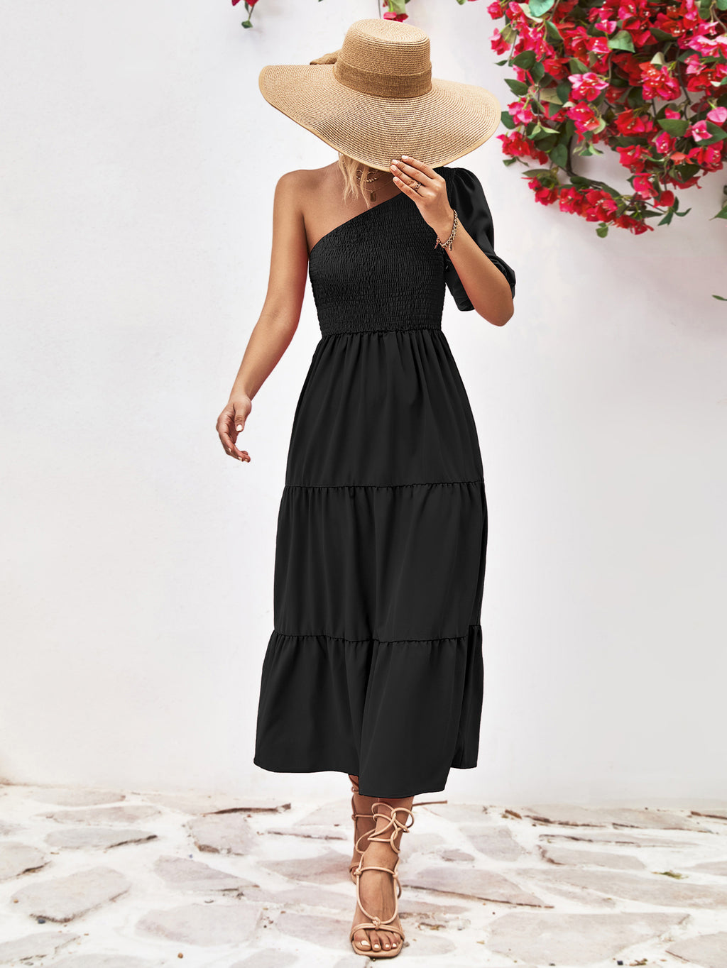 Smocked One-shoulder Midi Dress (11)
