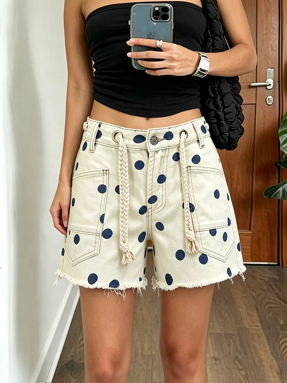 Polka Dot Denim Shorts Braided Drawstring (5)