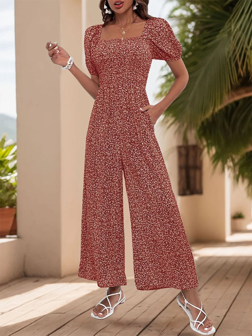 Printed Square Neck Puff Sleeve Jumpsuit (13)