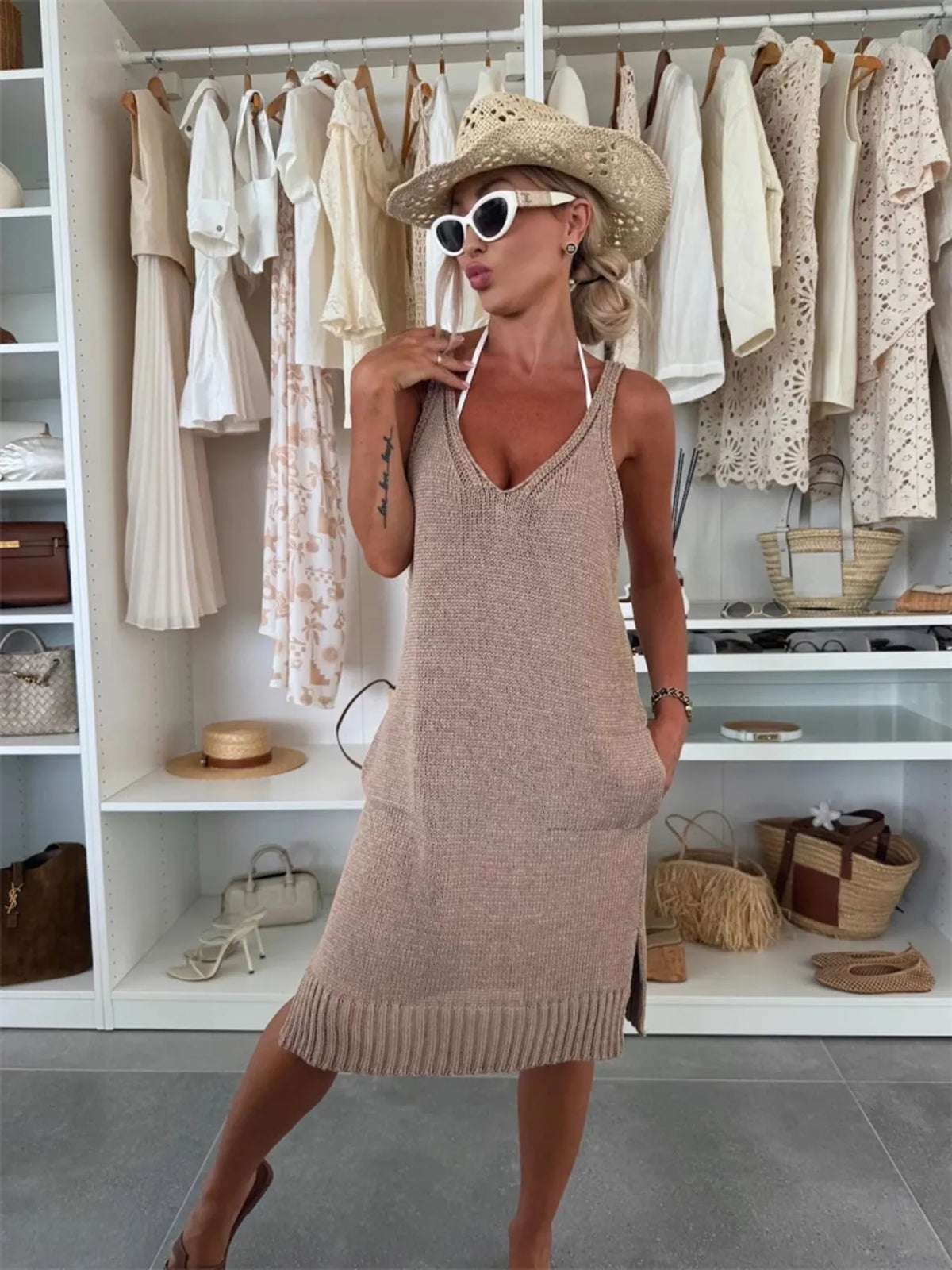 Ribbed Hem V-neck Sweater Dress (9)
