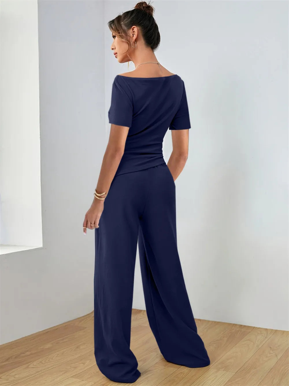 Round Neck Short Sleeve T-shirt Pants Set (2)