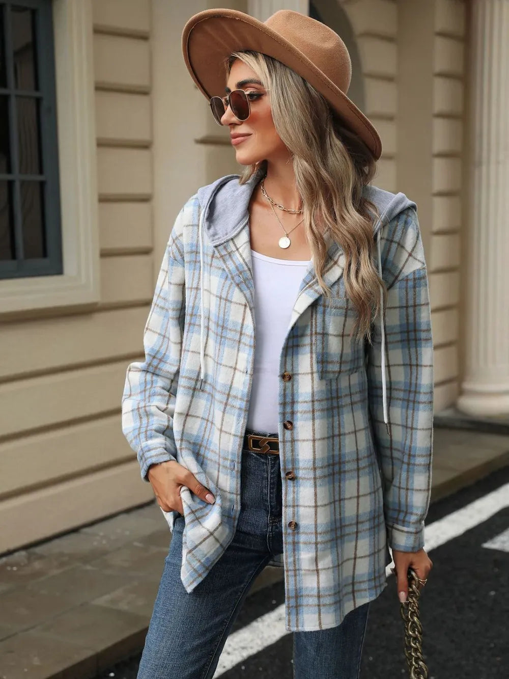 Drawstring Plaid Button Up Hooded Jacket (15)