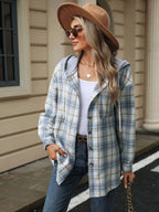 Drawstring Plaid Button Up Hooded Jacket (15)