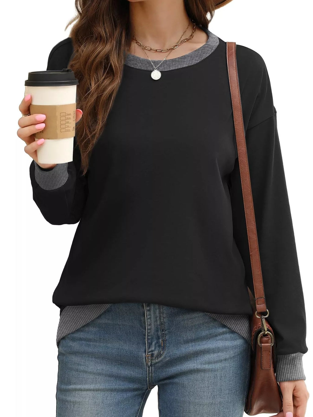 Contrast Trim Crew Neck Casual Sweatshirt (2)