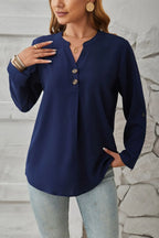 Decorative Button Notched Long Sleeve Blouse (5)