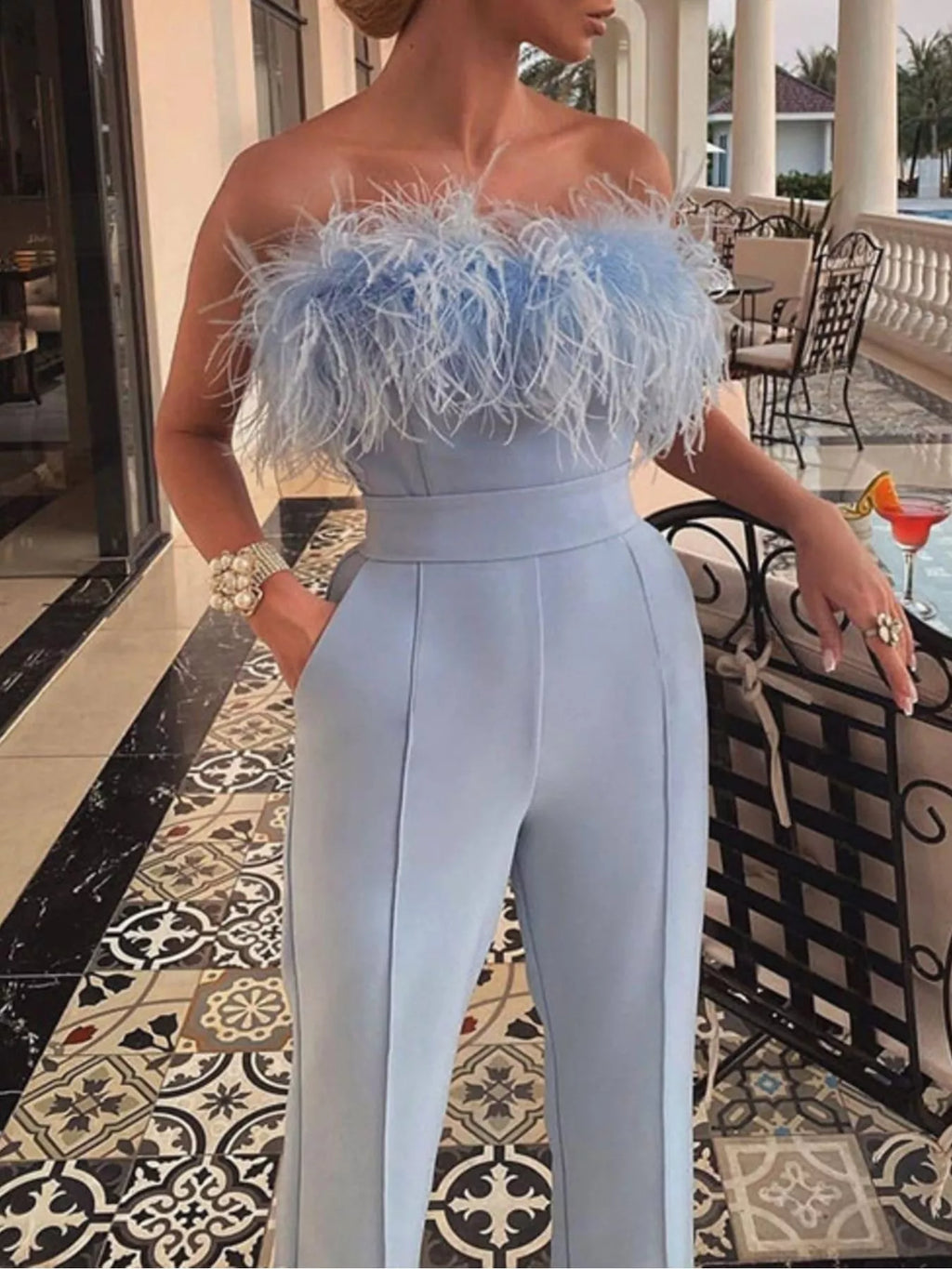 Feather Trim Strapless Wide-leg Jumpsuit (5)