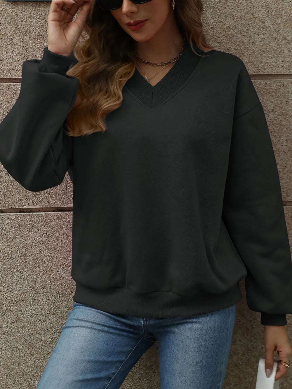 V-neck Long Sleeve Dropped Shoulder Sweatshirt (16)