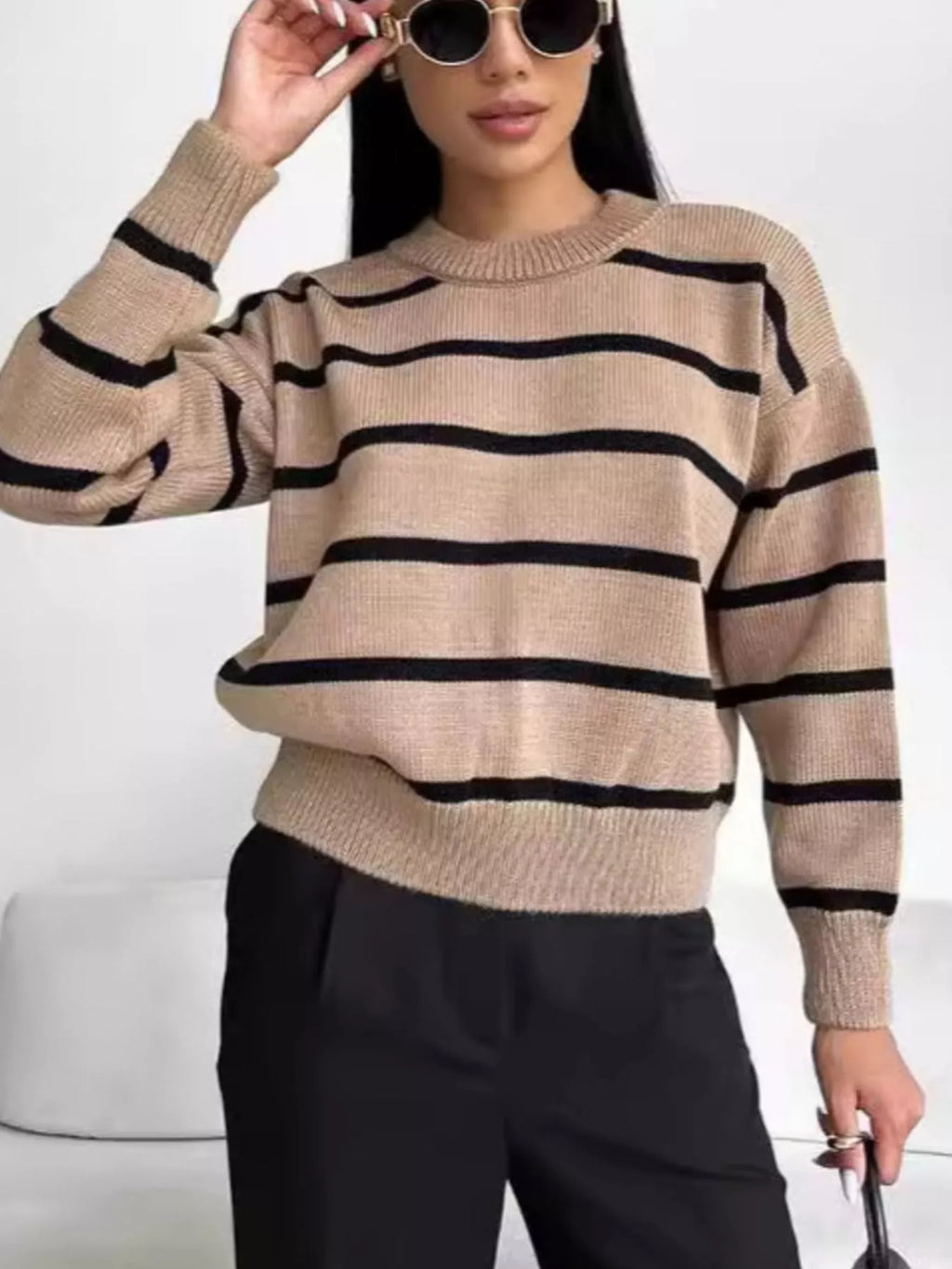 Striped Knit Round Neck Sweater (2)