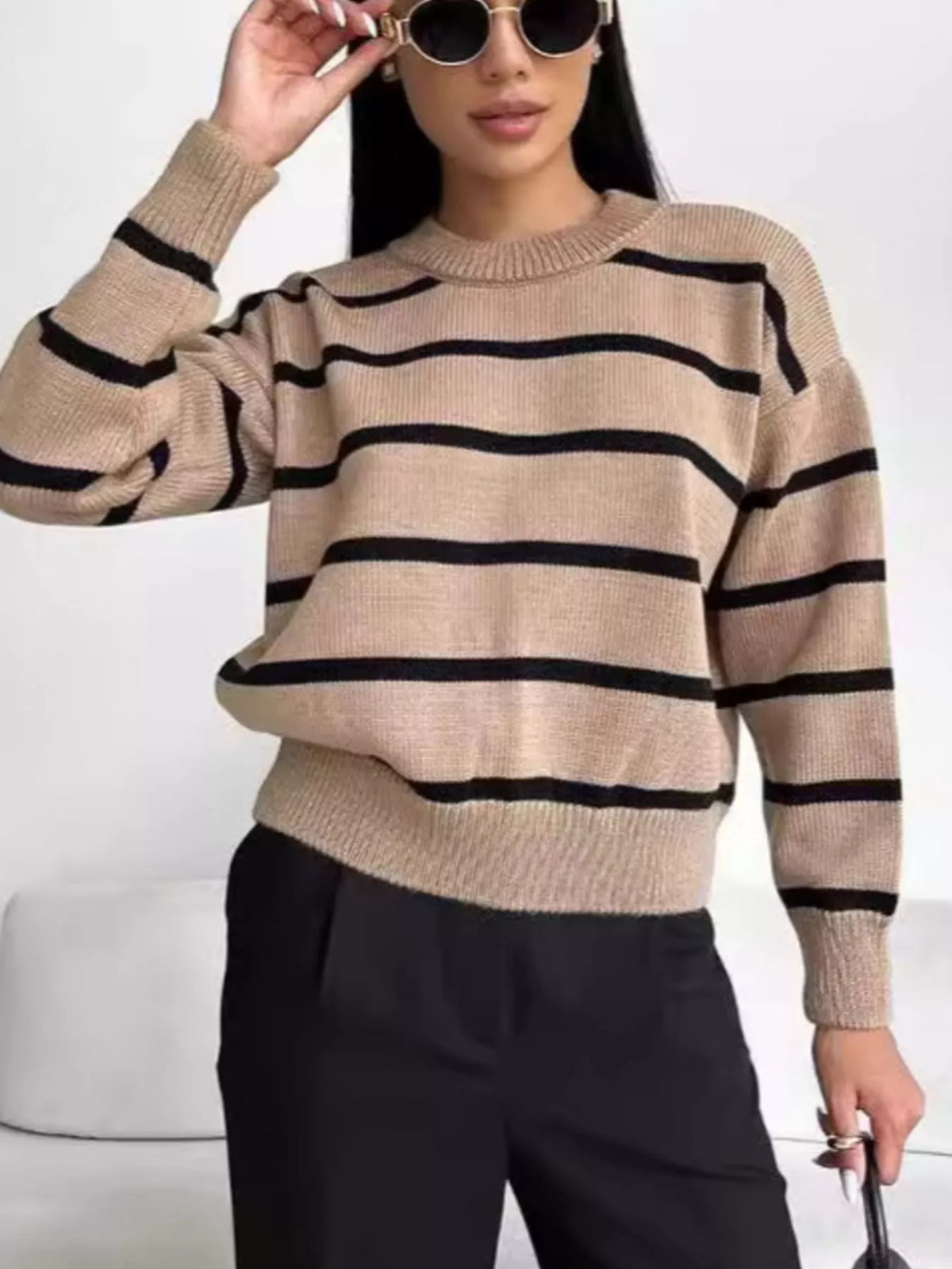 Striped Knit Round Neck Sweater (2)
