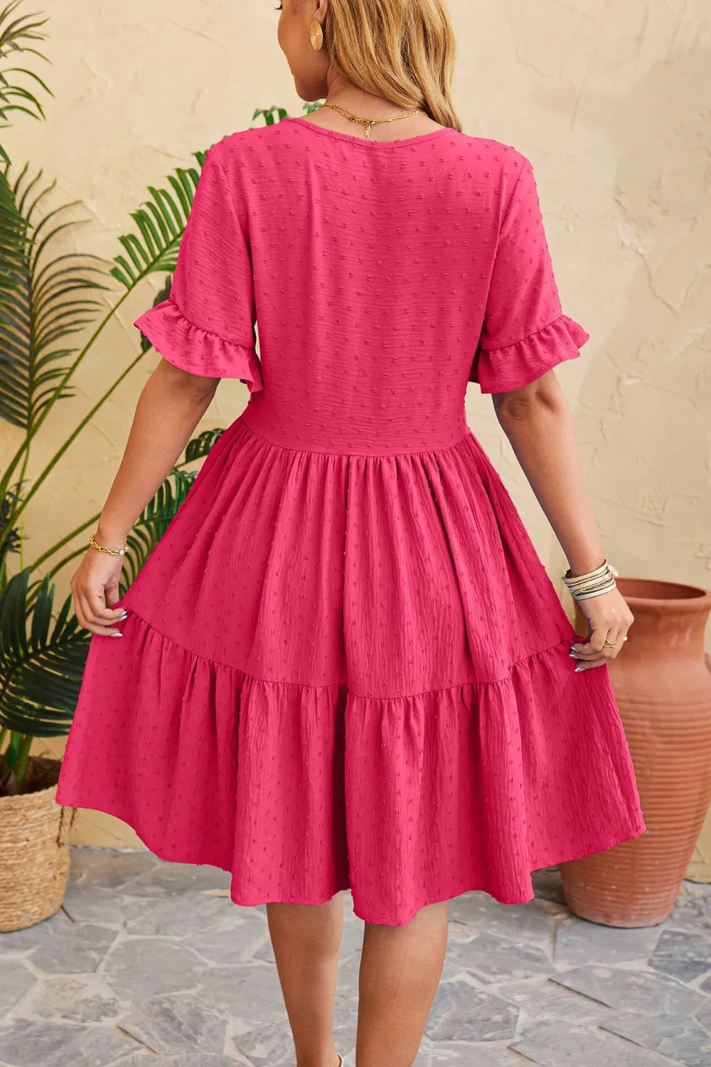 Swiss Dot Ruffled V-neck Tiered Dress (3)