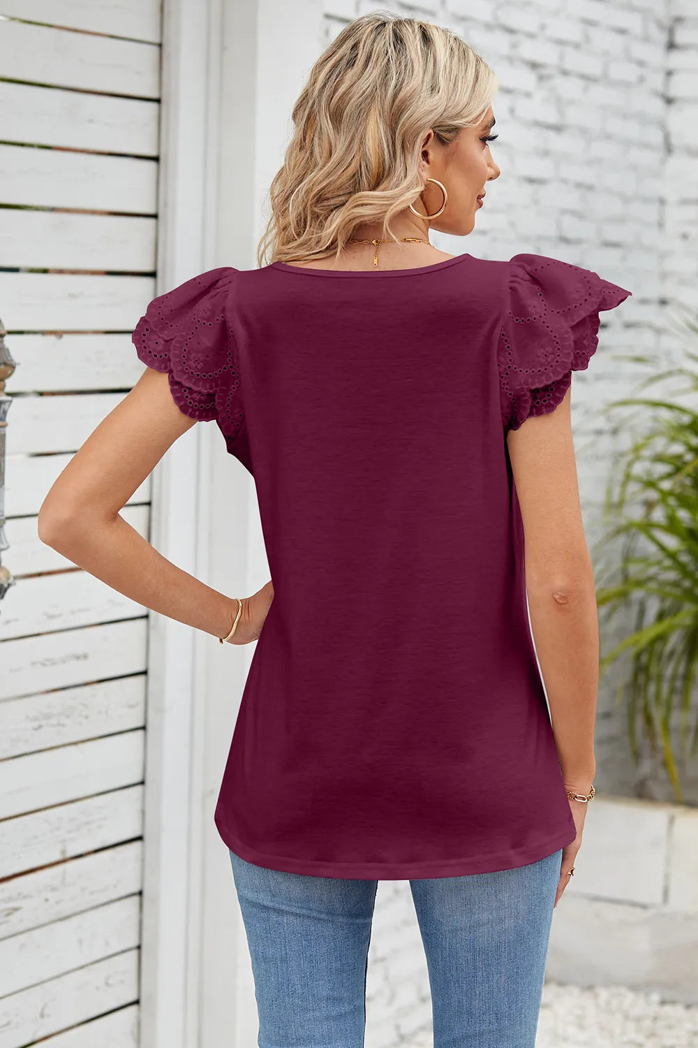 Eyelet Square Neck Cap Sleeve Blouse (23)