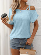 Eyelet Asymmetrical Shoulder Short Sleeve T-shirt (27)