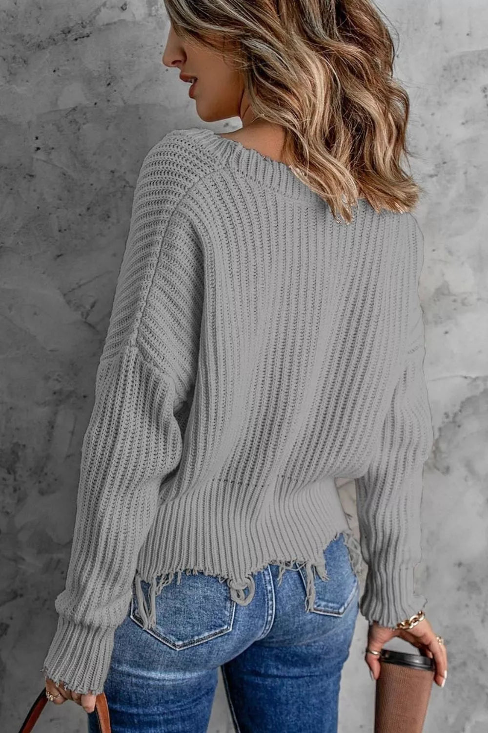 Full Size Raw Hem V-neck Sweater Plus (8)