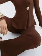 Ribbed Knit Round Neck Top Pants Sweater Set (6)