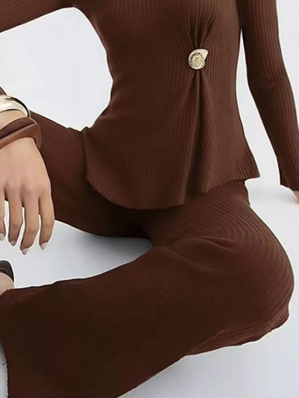 Ribbed Knit Round Neck Top Pants Sweater Set (6)