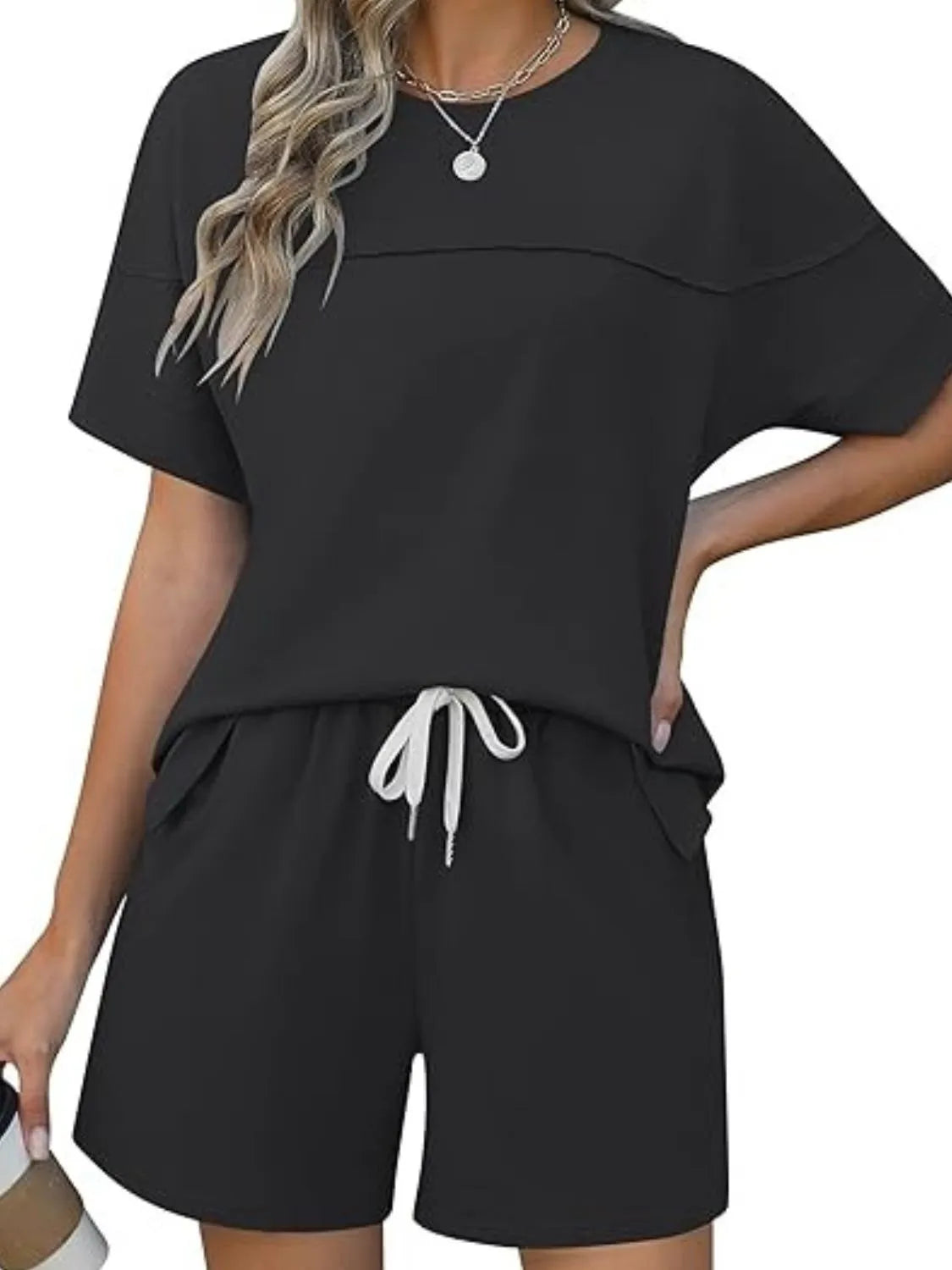 Round Neck Short Sleeve Top Shorts Set (10)
