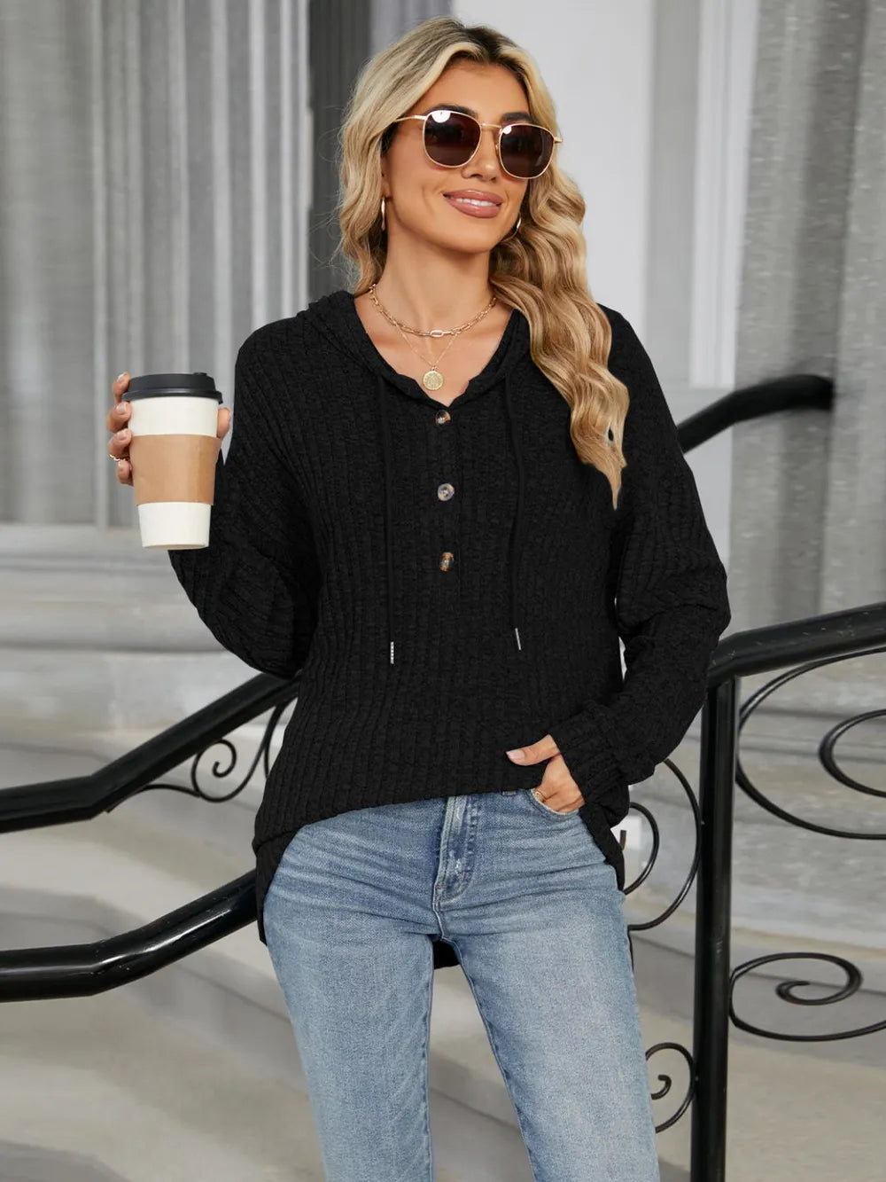 Half Button Long Sleeve Hooded Top (17)