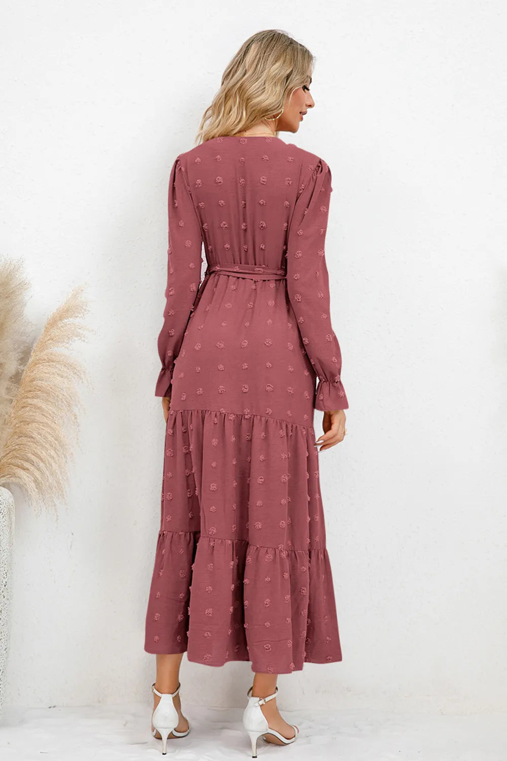 Swiss Dot Tied Surplice Flounce Sleeve Dress (17)
