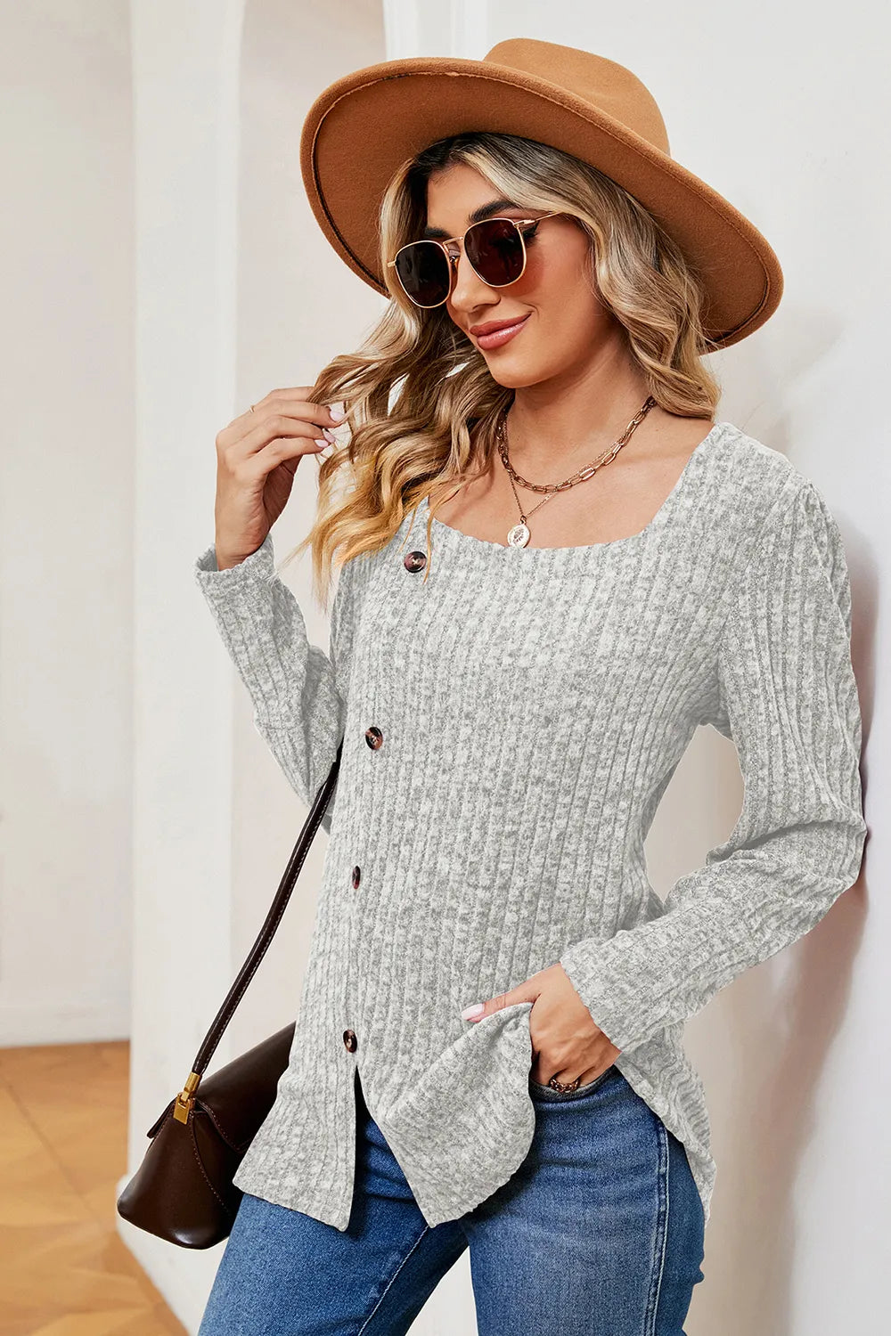 Decorative Button Square Neck T-shirt (11)