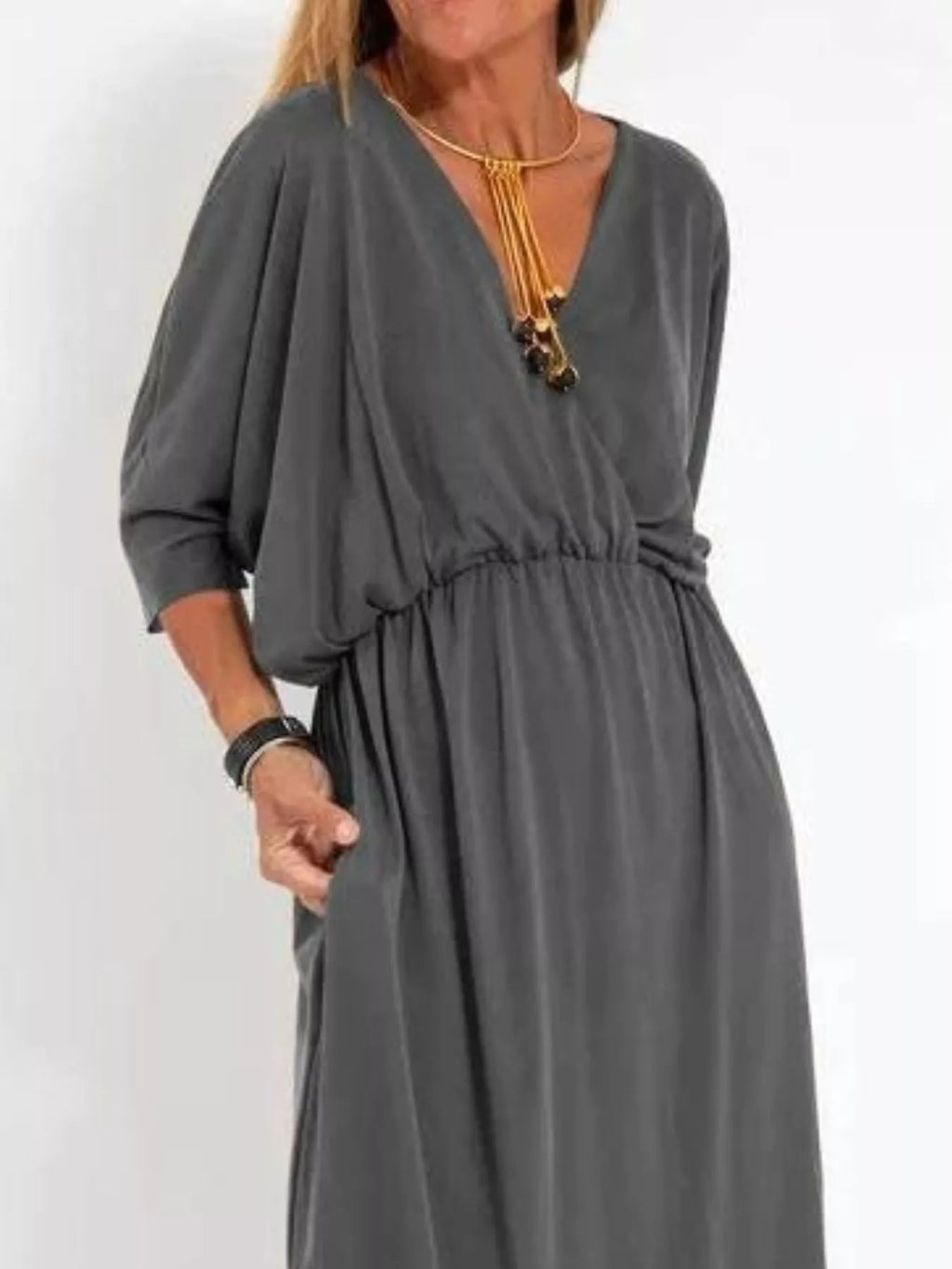 Full Size V-neck Batwing Sleeve Maxi Dress Side Slits Plus (2)
