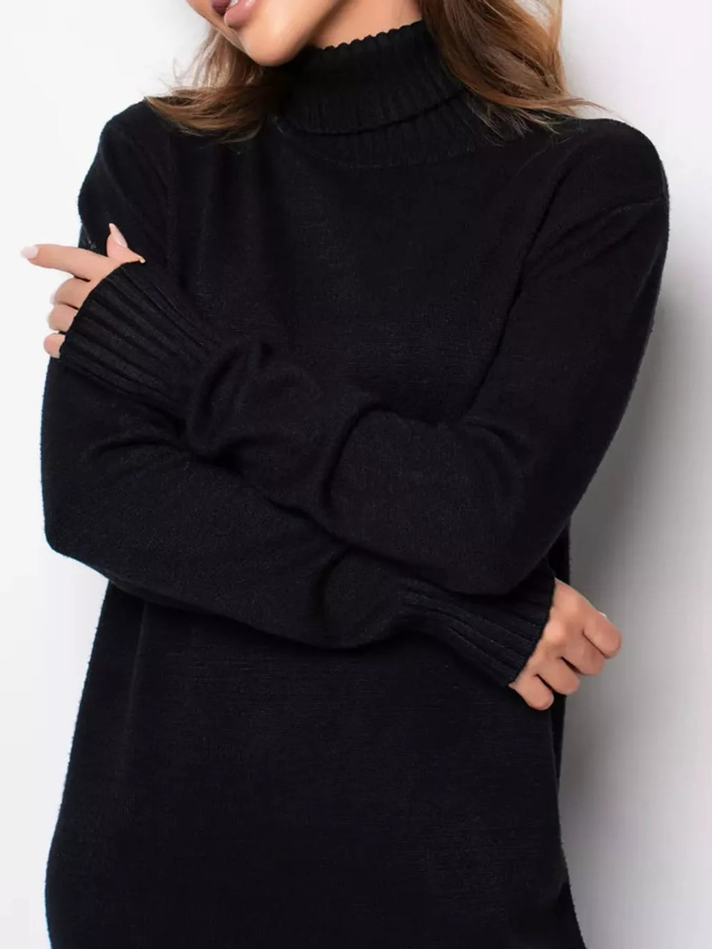 Turtleneck Ribbed Knit Sweater Dress (2)
