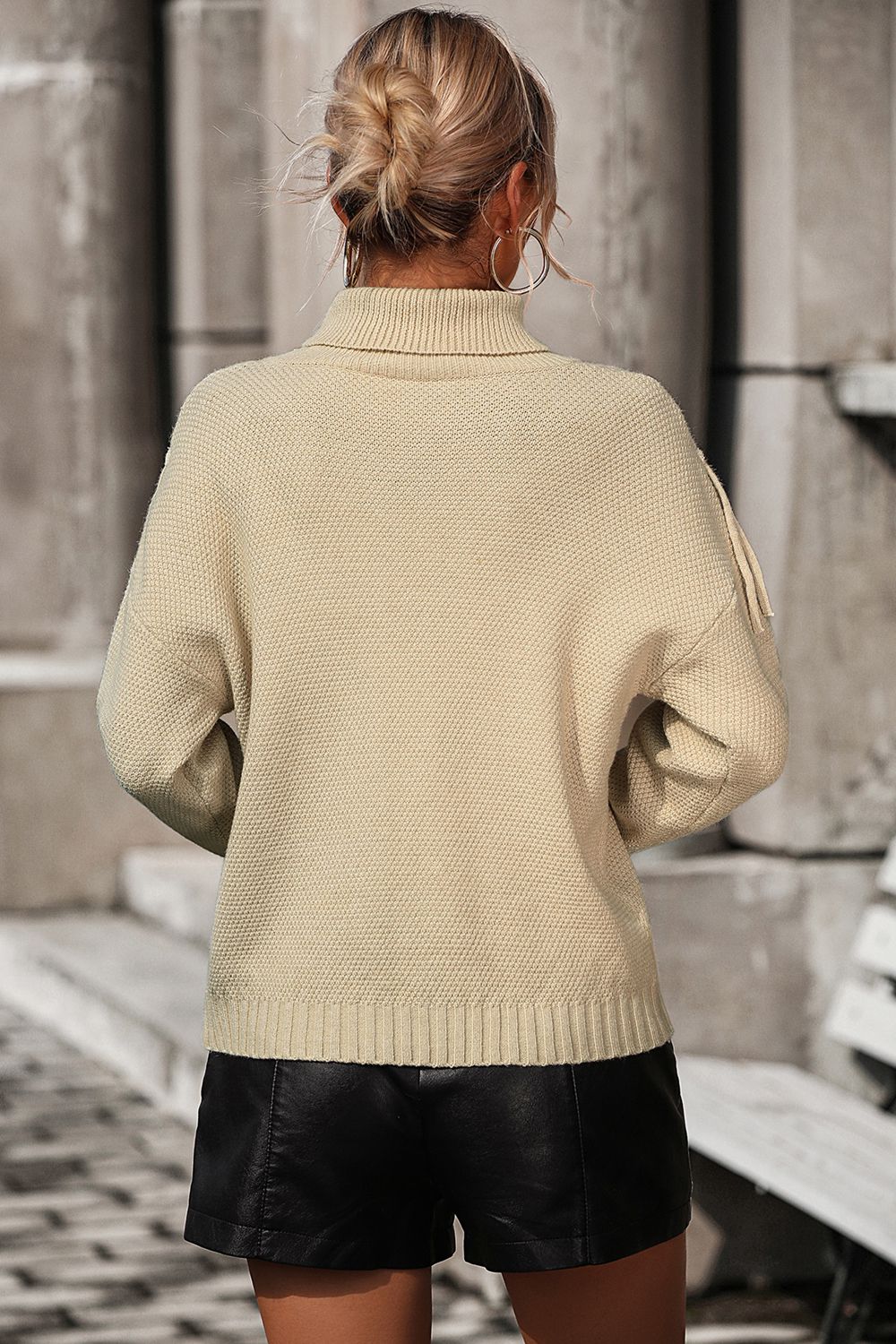 Turtle Neck Tassel Front Long Sleeve Pullover Sweater (22)