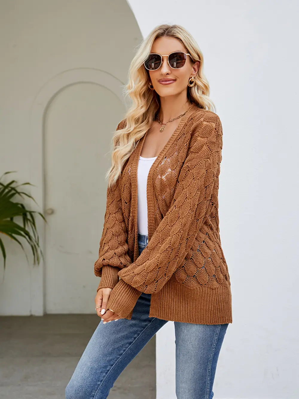 Openwork Open Front Lantern Sleeve Cardigan (4)