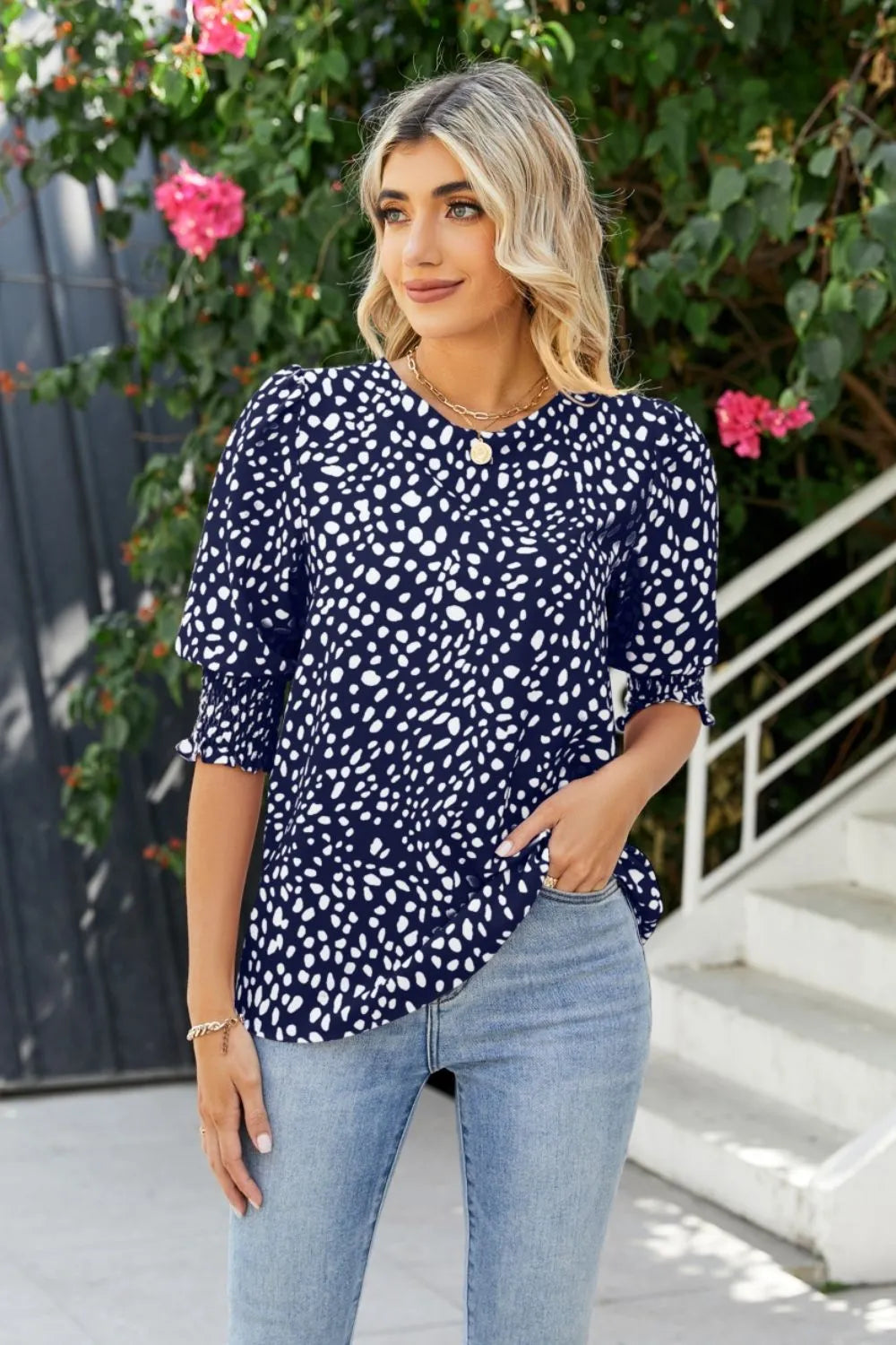 Polka Dot Round Neck Lantern Sleeve Blouse (14)