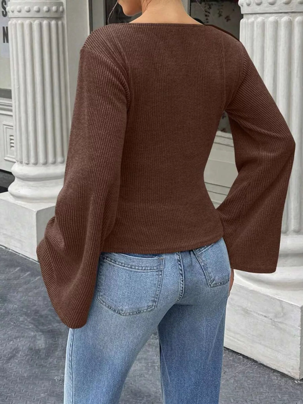 Ribbed Flare Sleeve Top Ruched Detail (15)
