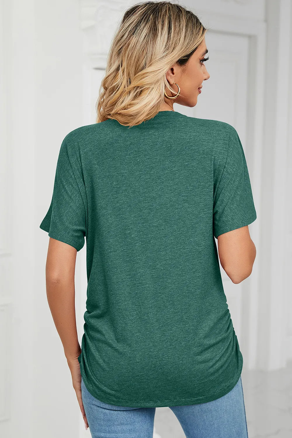 Ruched V-neck Short Sleeve T-shirt (28)