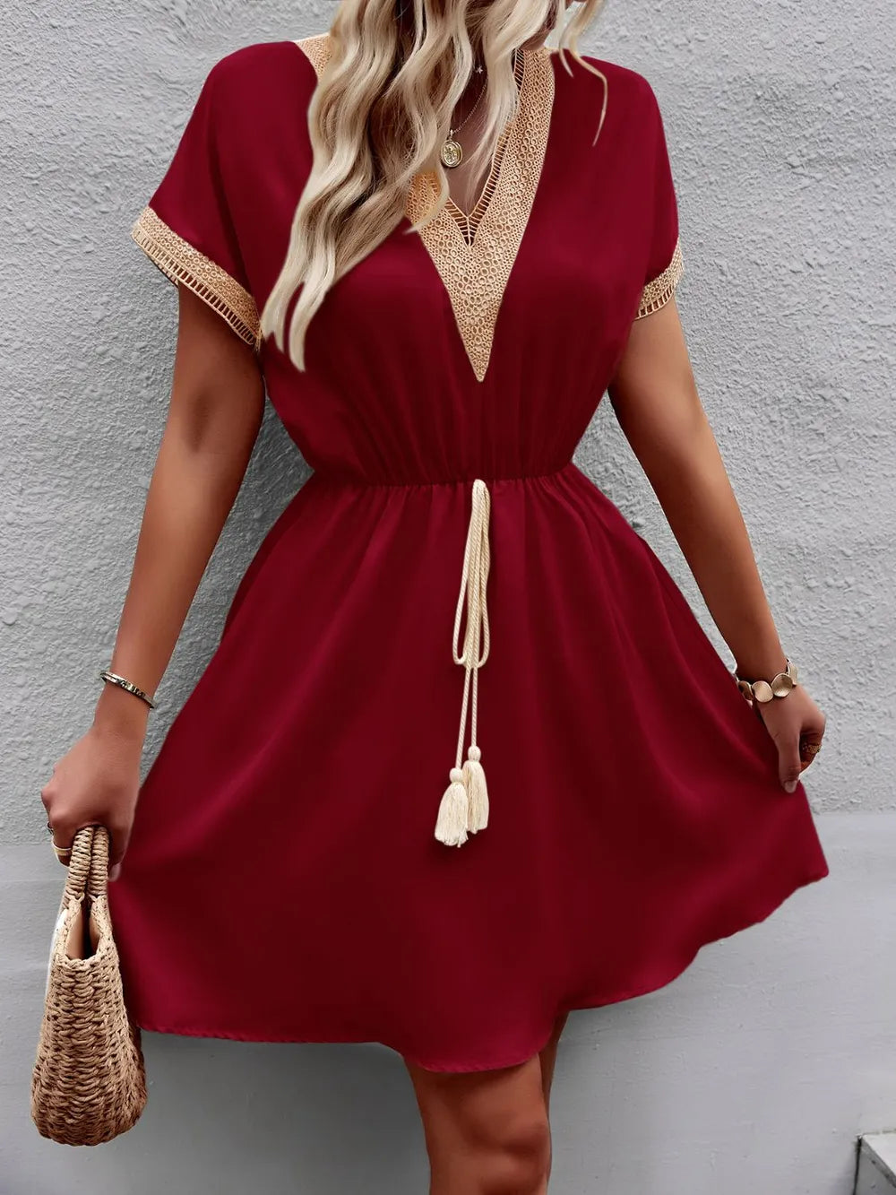 Contrast Trim V-neck Short Sleeve Mini Dress (18)