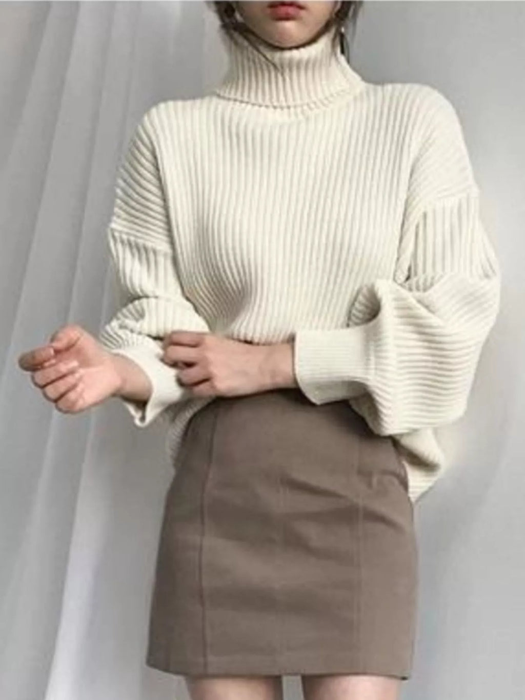 Oversized Turtleneck Ribbed Knit Sweater (11)
