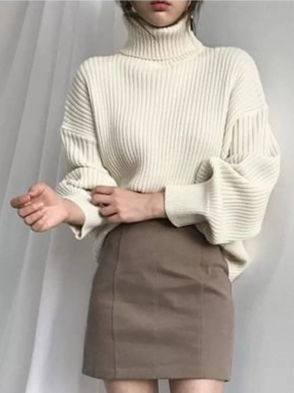 Oversized Turtleneck Ribbed Knit Sweater (11)