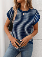 Striped Round Neck Short Sleeve Knit Top (21)