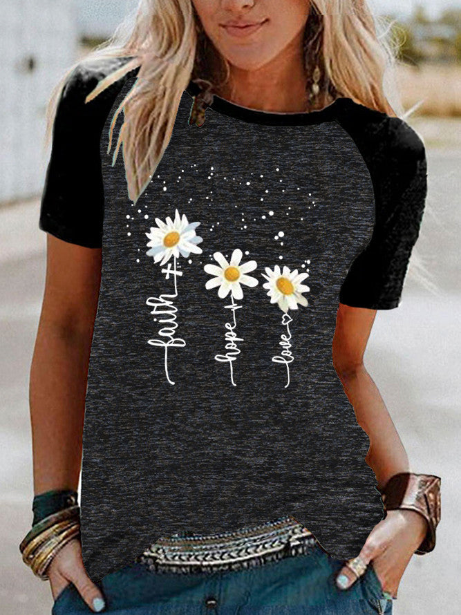 Three Little Daisies Print Short-sleeved T-shirt variant CJLS119738501AZ|CJLS119738502BY|CJLS119738503CX|CJLS119738504DW|CJLS119738505EV|CJLS119738506FU