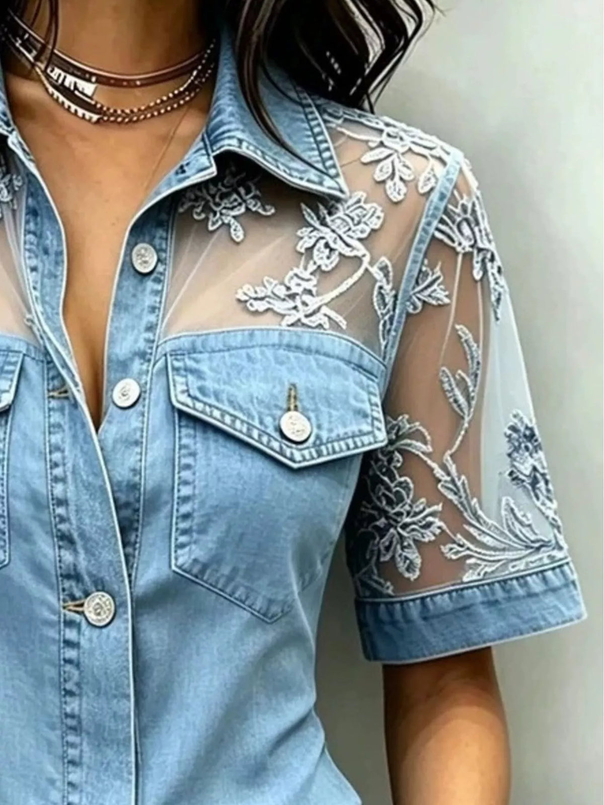 Full Size Denim Look Lace Short Sleeve Shirt Plus (2)